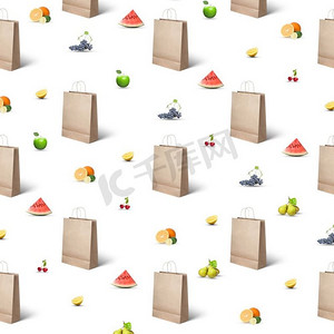 纸袋和各种水果和浆果的模式在白色背景。纸袋和不同水果的图案