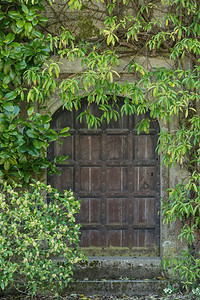 漂亮的复古维多利亚式豪宅入口门被包围。被植物和树木环绕的美丽的维多利亚式古老豪宅大门