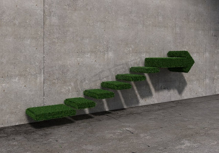 增长与进步的理念。墙上有绿色图形楼梯的混凝土房间往上走