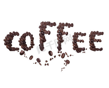 Word咖啡是用孤立的咖啡豆做成的，背景是白色。用咖啡豆制成的Word咖啡