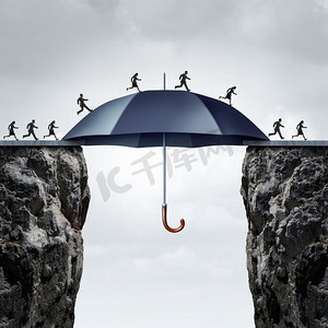 安全桥概念是商务人士在两个高高的悬崖上奔跑，借助一把安全的巨型雨伞弥合差距。