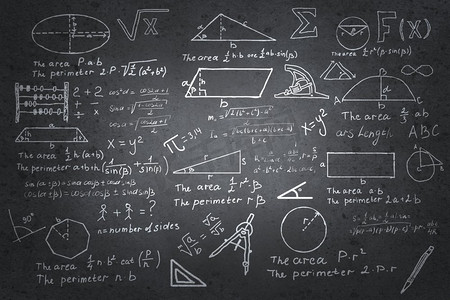教育数学摄影照片_黑板上的数学素描。背景图像与黑板上的科学图纸