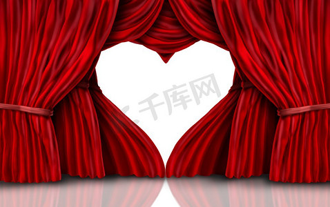 情人节红色天鹅绒窗帘在白色作为一个浪漫的阶段与窗帘形状为心脏作为一个3D插图。