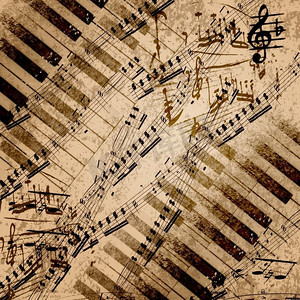 音乐钢琴背景摄影照片_旧纸片背景上的音符
