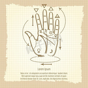 复古背景上的手相标志。手相符号向量插图。复古背景上的手势和等轴线符号