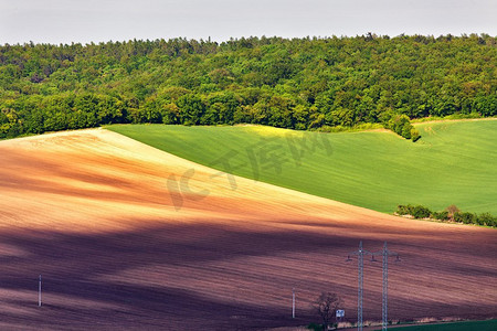 绿色和棕色的春耕。捷克摩拉维亚连绵起伏的耕地。