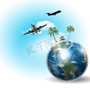 关于旅游的拼贴和与地球和飞机的旅行