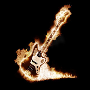 电子吉他在黑色背景上被火焰包围