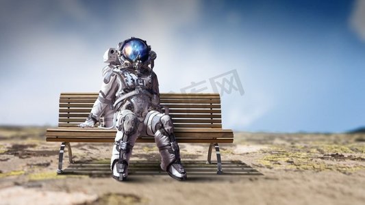 外星人摄影照片_坐在木凳上的太空人。混合媒体。火箭人在板凳上。混合介质