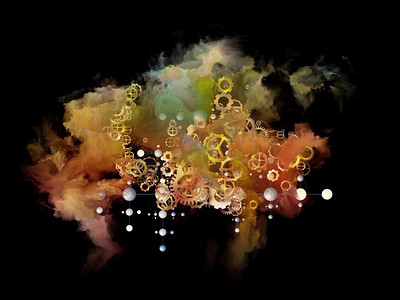 云网络系列。齿轮的组成、分子符号和彩色烟雾就是现代技术的主题。