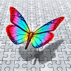 自闭症日宣传摄影照片_自闭症谱系标志为一只蝴蝶飞过的拼图，作为自闭症意识的3D插图。自闭症符号