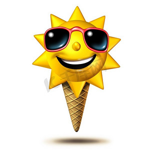 夏天就像一个快乐的太阳角色铲在冰淇淋蛋卷上，作为夏季甜点的概念，作为白色背景上的3D插图。