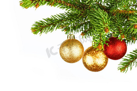 圣诞树分支与装饰球隔绝在白色