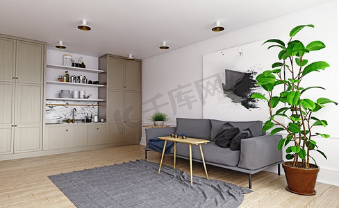 现代家居内饰。沙发和厨房区域。3D渲染概念