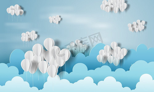 气球白色的纸艺术与云在蓝天概念传染媒介
