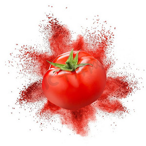 粉末爆炸摄影照片_番茄红色粉末爆炸孤立在白色背景