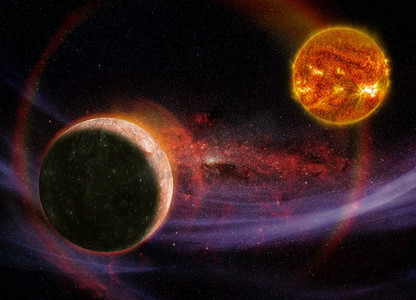 轨道摄影照片_水星正围绕着一个古老的太阳喷发轨道运行。背景中出现了银河系。美国国家航空航天局提供的这张图片的要素