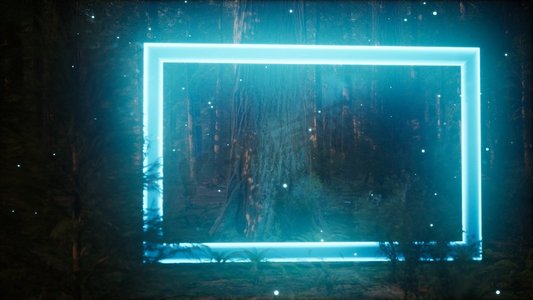 夜色森林中霓虹闪烁的长方形框架