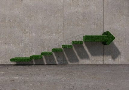 增长与进步的理念。墙上有绿色图形楼梯的混凝土房间往上走