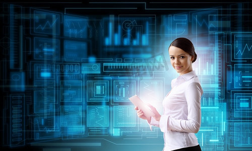 使用现代科技的女性。在高科技蓝色背景下使用平板电脑的女商人