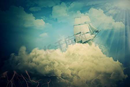 一艘老船在云中航行的超现实屏幕保护程序
