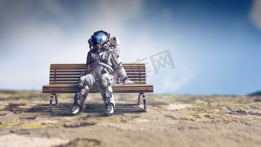 太空人坐在木凳上。混合媒体。穿着宇航服的宇航员坐在长凳上。混合媒体