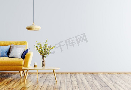 客厅内部与沙发的3D渲染。客厅内饰现代，配有黄色沙发、木质茶几和3D渲染灯具