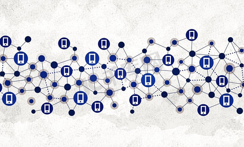社会互动和交流。背景概念图像，网格表示社交网络概念