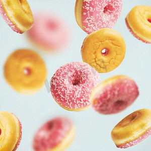 飘落或飞扬的粉色釉面甜甜圈，在淡蓝色的背景上撒有水珠，有创意的布局或图案
