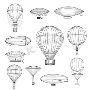 复古热气球。复古手绘气球集矢量插图