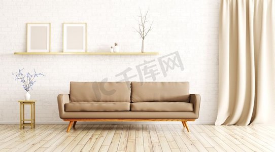 客厅的现代室内设计，棕色沙发，书架和砖墙上的树枝3D渲染