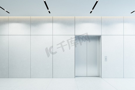 现代电梯，办公室大堂有关闭的门，3D渲染
