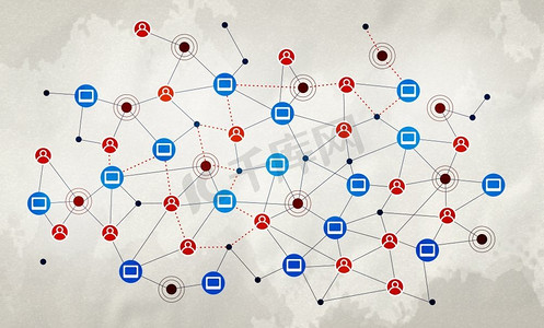 社会互动和交流。背景概念图像，网格表示社交网络概念