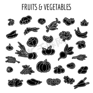 黑线水果和蔬菜图标。黑白线条水果和蔬菜图标集向量插图