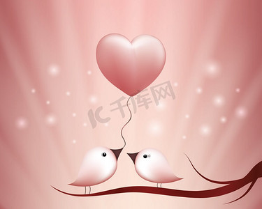 浪漫气球礼物摄影照片_情人节S。粉色背景上有心形气球的可爱小鸟