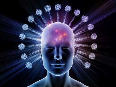 《思考的能量》系列。人头和抽象的分形结构组成，以说明人类思维的运作。