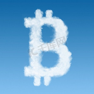 一种由蓝色背景上的云组成的比特币符号，新的虚拟货币概念。由云制成的比特币符号