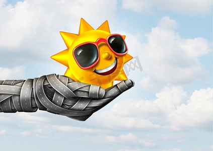 夏季公路旅行和驾车在炎热的季节作为一组高速公路塑造成一只手牵着快乐的太阳作为3D插图。