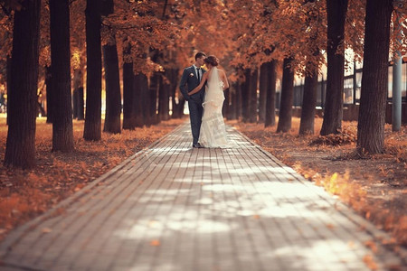 秋天人摄影照片_新婚夫妇新郎和新娘走在秋天公园