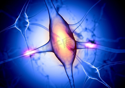 光效合成海报摄影照片_神经细胞的插图。带有光效的彩色背景上的神经细胞插图
