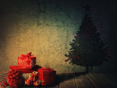 节日气氛作为一堆礼物和礼物的转变投射在墙上的圣诞树阴影。