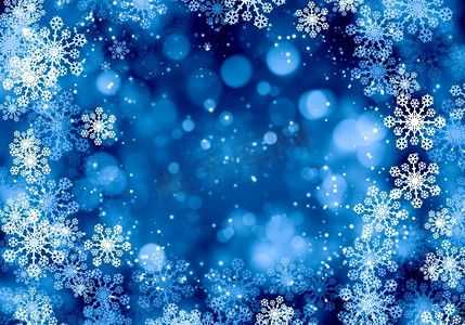 冬天的背景。带雪花和灯光的蓝色圣诞背景