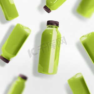 绿色奶昔或果汁瓶图案，白色背景，俯视，平放。品牌文案空间