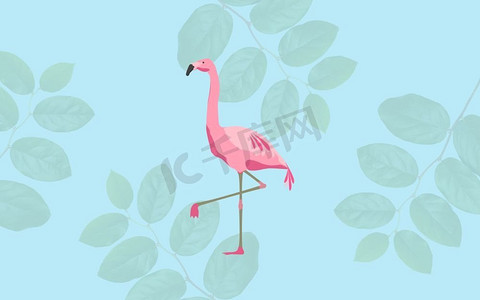 插图，动物和鸟类的概念-粉红色火烈鸟的蓝色背景与花卉图案。蓝色背景上的粉红色火烈鸟
