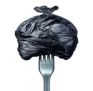 吃和吃垃圾和垃圾食品作为拿着一袋垃圾的叉子器皿的饮食标志作为与3D例证元素的坏烹调概念