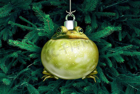 圣诞青蛙有趣的节日装饰品挂在喜庆的松树上，带有3D插图元素。