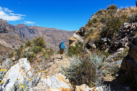 露营装备摄影照片_秘鲁科迪勒拉山脉徒步旅行的场景