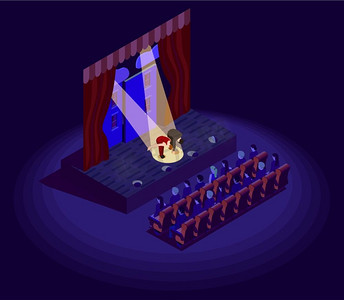 剧院等轴测图标。演员在剧院表演后鞠躬的等轴测2D图标