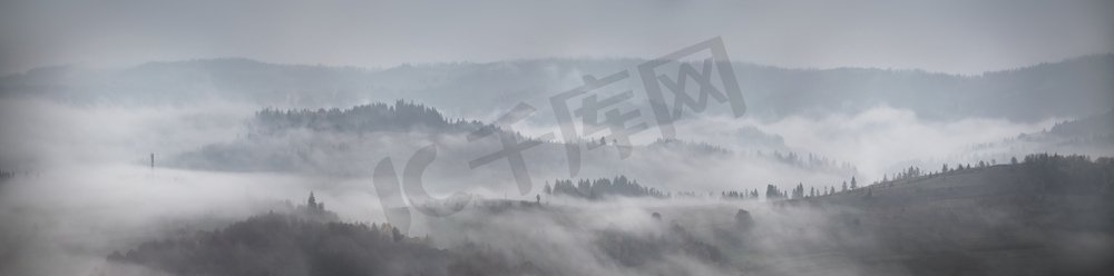 山丘上的秋雨和雾的全景。雾蒙蒙的秋天林地。雾气笼罩的山上森林