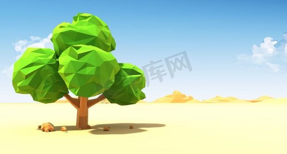 沙漠中孤独的一棵树。沙漠中孤独的一棵树。3D插图